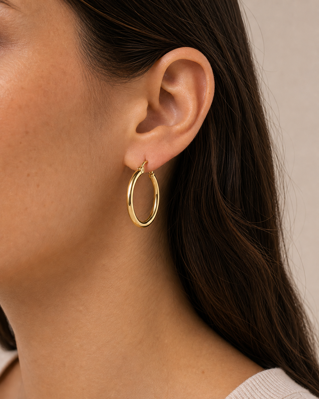Aurelie Hoops Gold Hoop Earrings generated on-model closeup demo